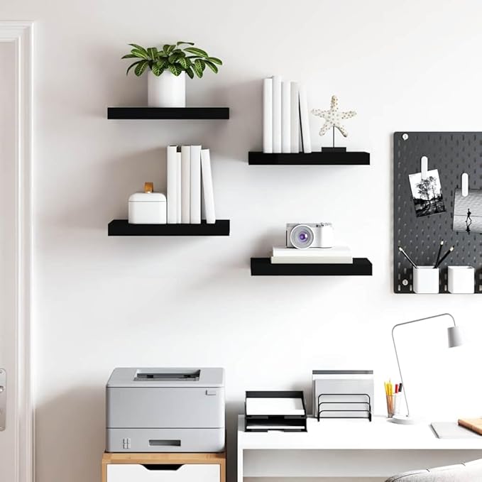 Set of 4 Wall Shelves, Modern Floating Shelves for Wall Decor, MDF Wood Storage Display Shelf for Bedroom, Living Room, Kitchen - Matte Black