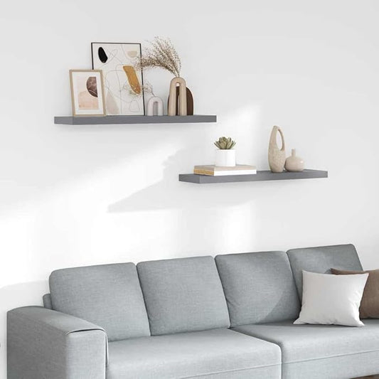 Set of 2 Floating Wall Shelves, 35.4 Inch Large Rectangular Display Ledge for Living Room Bedroom, Modern MDF Wood Storage Shelf with Metal Frame, Gray