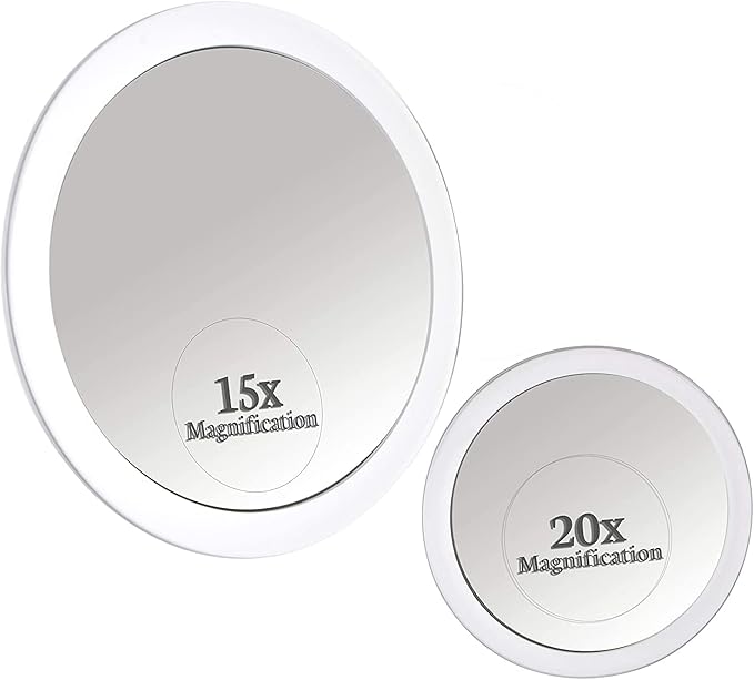 MIRRORVANA 20X & 15X Magnifying Mirror Set with 3 Suction Cups Each - Compact & Travel Ready Mirror for Makeup - Sizes: 6" and 4" Wide