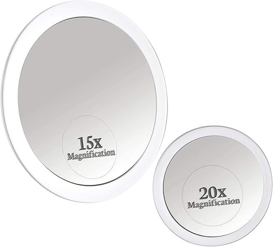 MIRRORVANA 20X & 15X Magnifying Mirror Set with 3 Suction Cups Each - Compact & Travel Ready Mirror for Makeup - Sizes: 6" and 4" Wide