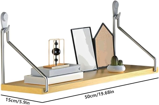 No-Drill Wall Mounted Shelf, Heavy Duty Adhesive Organizer with 15KG Load, Multi-Functional Storage Shelf for Bathroom, Kitchen, Office, Easy Install on Tile(Size:50cm,Color:Natural Wood Finish)
