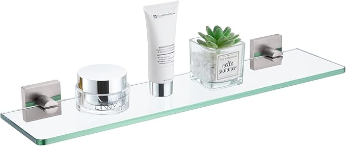 KOKOSIRI Floating Shelves Wall Mount 20-Inch Bathroom Tempered Glass Shelf for Kitchen Storage Shower Hanging Rack, Brushed Stainless Steel B1107BR-L20