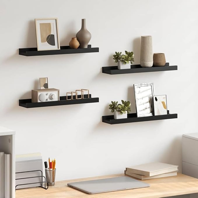 Floating Wall Shelves Set of 4, 15.7 inch Matte Black MDF Display Ledge Shelves for Bedroom, Living Room, Kitchen Wall Mounted Storage Organizer