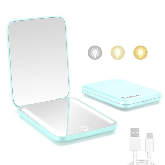 Kintion Rechargeable Pocket Mirror, Double Sided 1X/3X Magnification Compact Vanity Mirror, 3 Color Lights, Dimmable, Small Portable Wallet Mirror, Lighted Travel Mirror for Women Gifts, Cyan