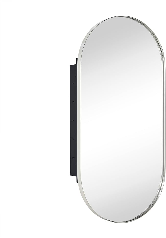 Brushed Nickel Oval Recessed Bathroom Medicine Cabinet with Mirror Stainless Steel Metal Framed Oblong Pill Shaped Bathroom Cabinet with Mirror 16x33''