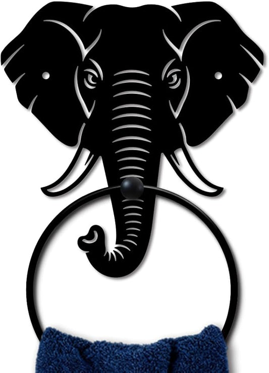 MAYJOYDIY Elephant Metal Towel Ring Round Animal Hand Towel Holder Ring Hanger Wall Mount Black Vintage Towels Wall Organizer for Kitchen Bath Home Laundry Room Decors Gifts