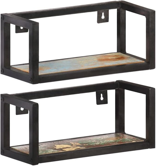 Industrial Wall Shelves Set of 2, 15.7 Inch Reclaimed Wood Floating Shelves with Black Metal Brackets for Living Room Bedroom Kitchen Decor, Heavy Duty 44lb Capacity