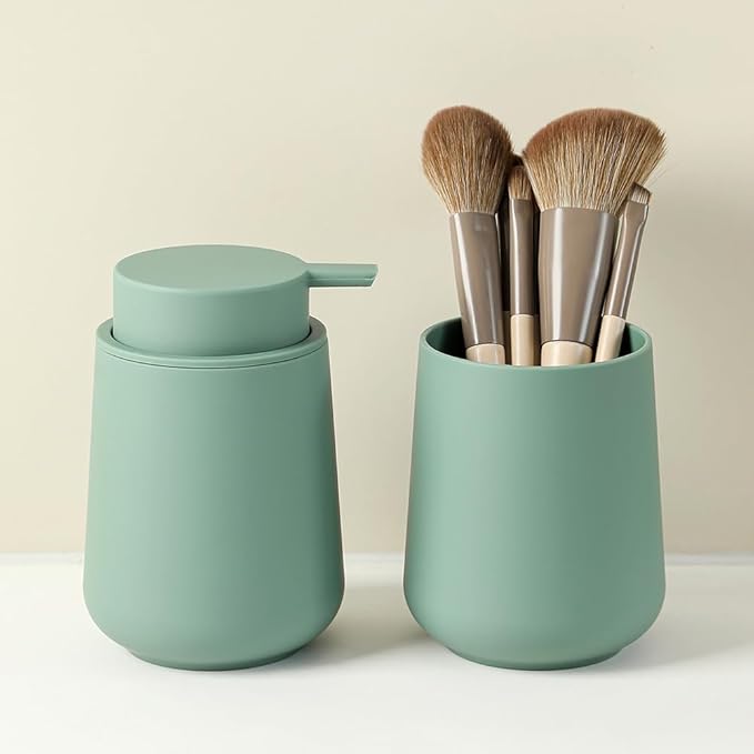 YAUKPH Matte Green Bathroom Accessories 2 Piece Set Plastic Soap Dispenser and Toothbrush Holder for Modern Bathroom Decor