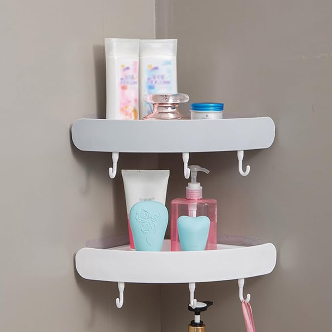 Uonlytech 2Pcs Punch-Free Wall Corner Shelf Bathroom Storage Racks Triangular Rack Drainage for Bathroom and Kitchen Gray White