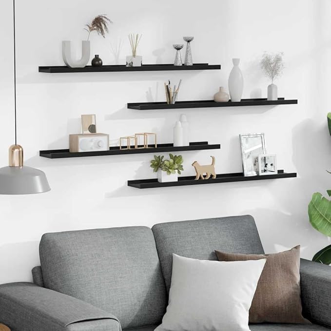 Floating Wall Shelves Set of 4, 31.5 Inch Modern Decorative Shelving Units for Living Room Bedroom, Matte Black MDF Hanging Storage Display Ledges