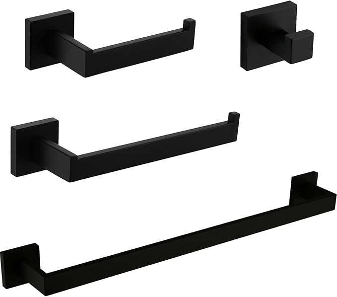 VELIMAX Premium Stainless Steel 4 Pieces Bathroom Hardware Accessories Set Wall Mounted Towel Bar Set, Matte Black, 24-Inch