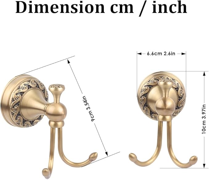 Antique Brass Towel Hook, Wall Mounted Bathroom Copper Double Hook for Clothing Robe Hanger, Screws Install Shower Wall Hook