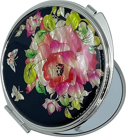 Portable Makeup Compact Double Magnifying Mirror Cosmestic Foldable Pocket Style Unique Mother of Pearl Design (Rose)