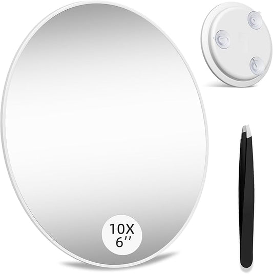 Large 6” 10x Magnifying Mirror with Tweezers, Travel Magnified Mirror with Suction Cups, Magnification Desk Mirror, Makeup Mirror for Detailed Makeup