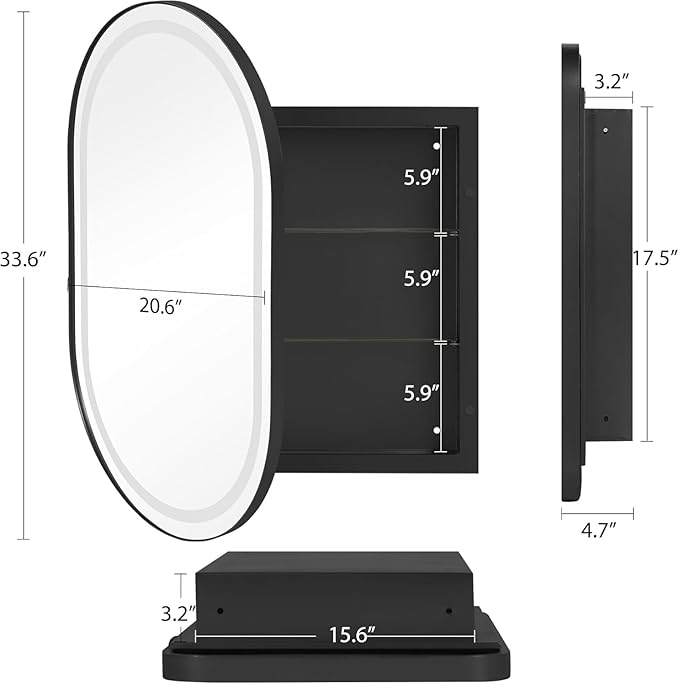 SogesHome Wall Mounted Mirror Medicine Cabinet 33"X20" with LED Lights, Oval Vanity Mirror Storage with Shelves, Modern Decro Recessed Mirror Medicine Cabinet for Bathroom, Bedroom, Black