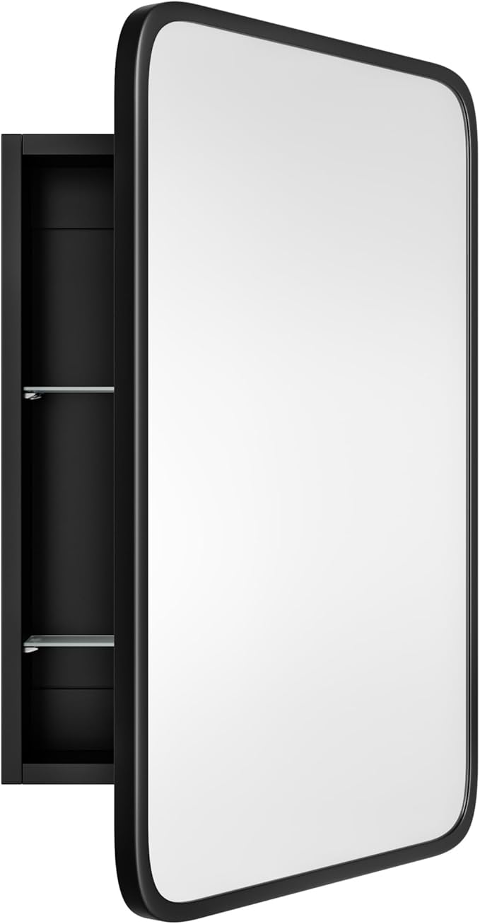 AGDULL Vintage-Style Bathroom Wood Black Cabinet with 16.5''x24'' Black Metal Frame Curved Mirror, Recessed Medicine Cabinet, in Wall or Surface Mount Bathroom Storage Cabinet