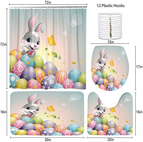 LOKMU 4 Pcs Shower Curtain Sets with Non-Slip Rugs, Toilet Lid Cover and Bath Mat,Cartoon Happy Easter Bunny Egg Waterproof Shower Curtain with 12 Hooks, Bathroom Decor Sets, 72" x 72"