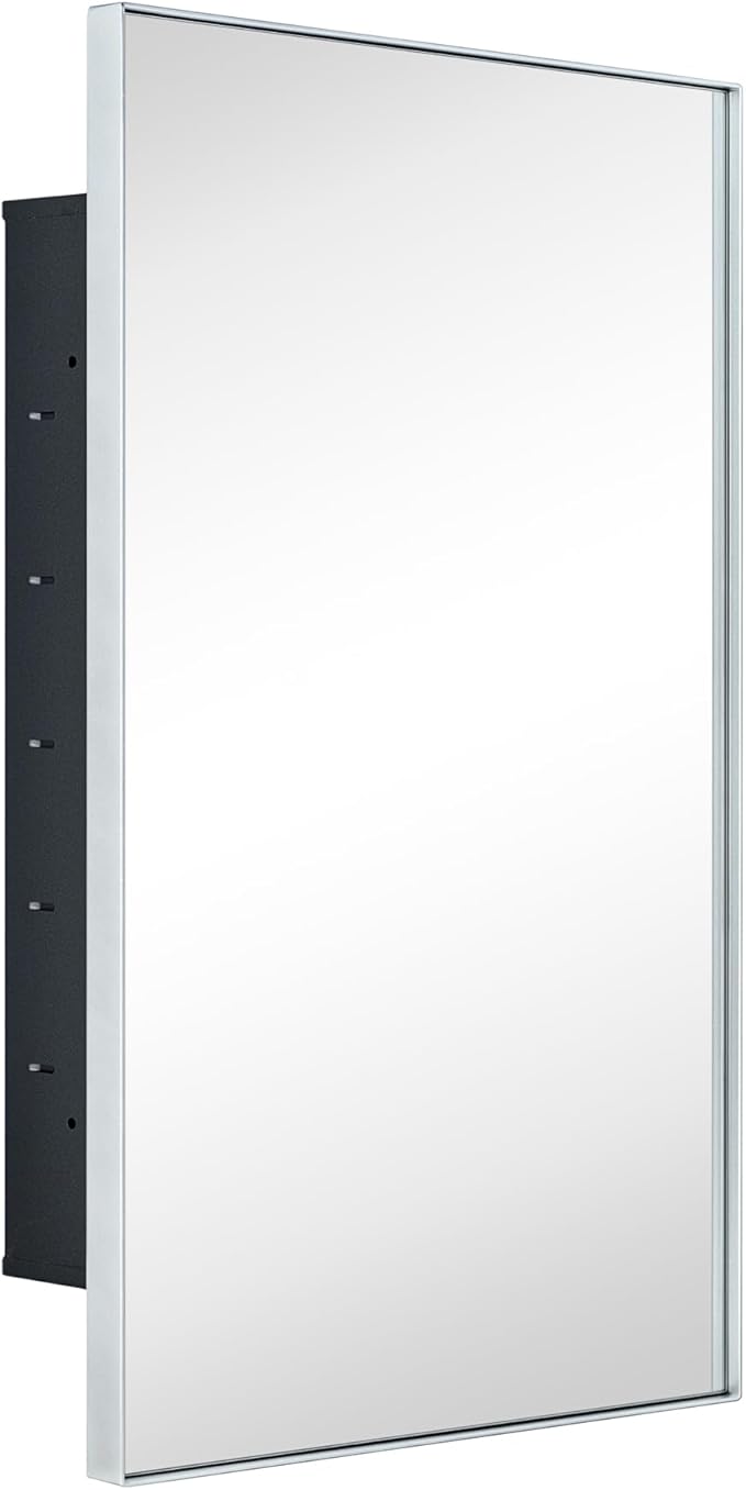 TEHOME Recessed Mount 16x26'' Squared Rectangle Silver Bathroom Medicine Cabinet with Mirror Silver Metal Framed Rectanglular Medicine Cabinet 2 Adjustable Glass Shelves