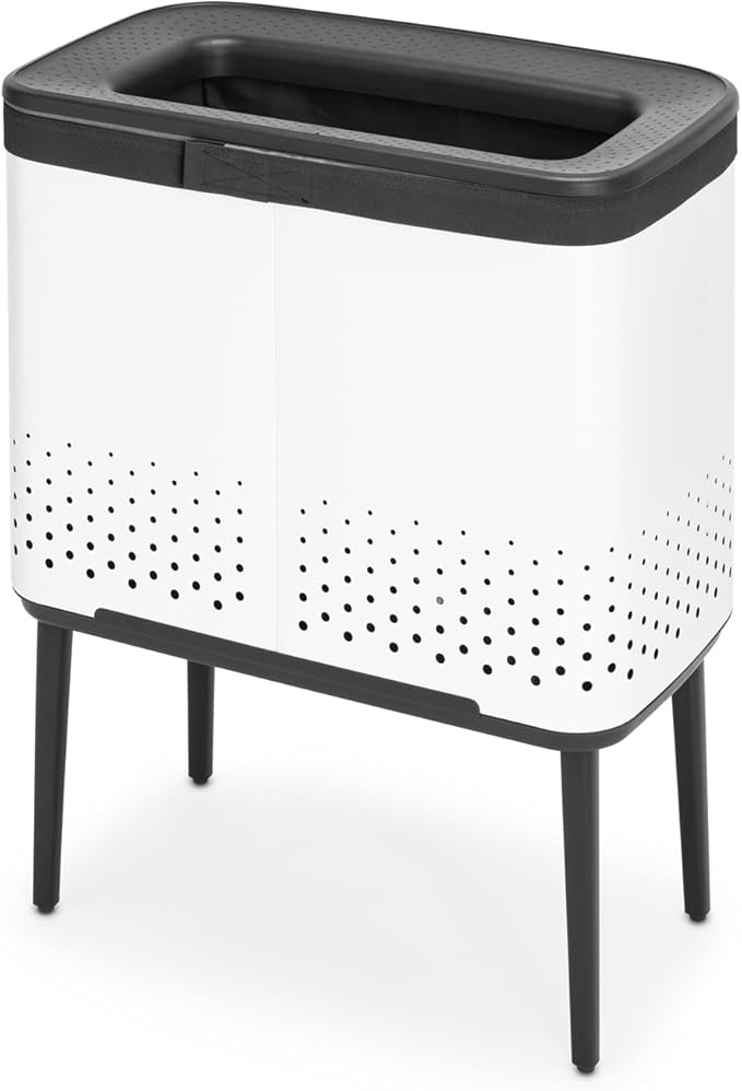 Brabantia Bo Laundry Hamper (White) Removable Laundry Bag 16 Gal, Ventilated Stylish Discreet Dirty Clothes Holder, Flat Back, Anti-Rust Materials for Bathroom Use