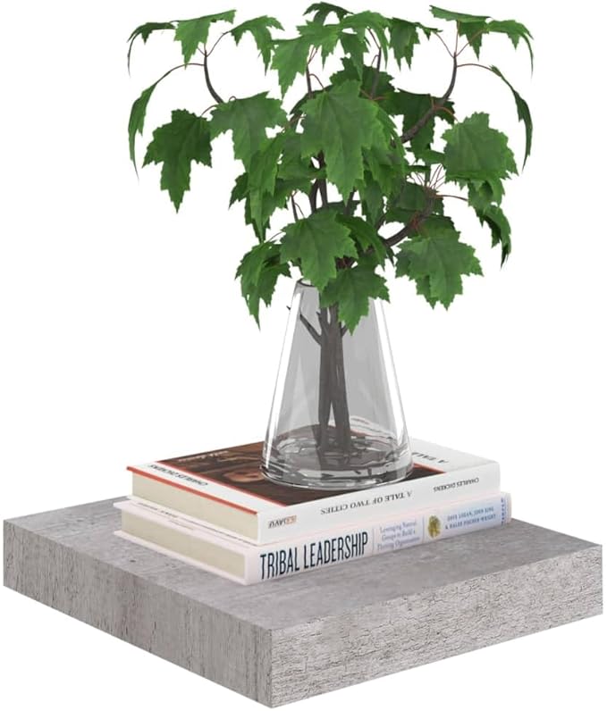 Floating Wall Shelves 2 Pack Concrete Gray Modern Display Rack with Invisible Mounting System for Home Decor, Books, Collectibles, 9.1x9.3 Inches MDF Board