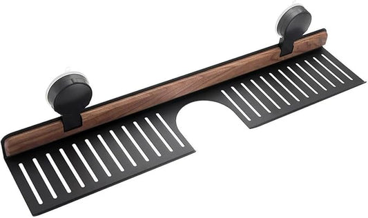 60cm Suction Cup Bathroom Shelf, No Drill Wall Mounted Aluminum Storage Rack with Walnut Wood Accent, Rustproof Organizer for Bathroom and Kitchen