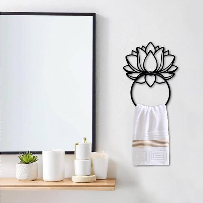 MAYJOYDIY Lotus Flower Metal Towel Ring Holy Lotus Towel Holder Plant Wall Decor Towel Hanger Black Art Towel Rack Wall Mounted for Bathroom Kitchen Home Decors Gift