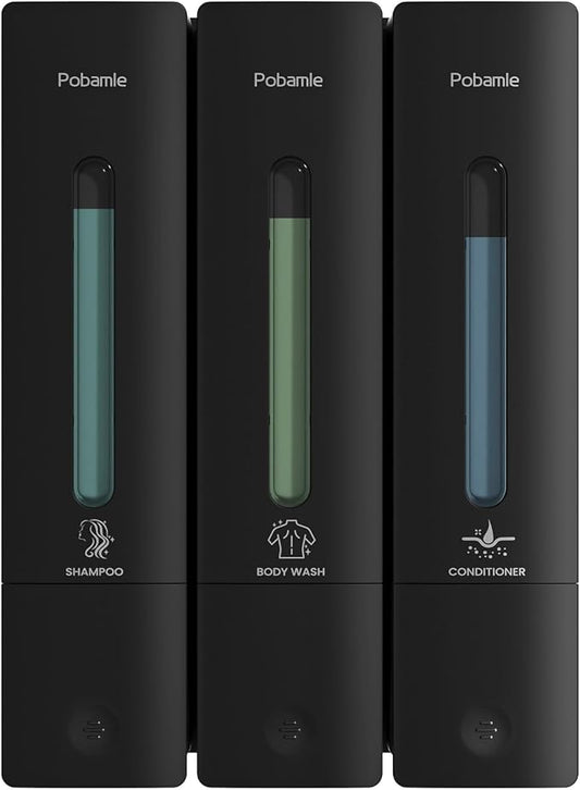 Shampoo and Conditioner Dispenser - Shower Soap Dispenser Wall Mounted No Drill - Shampoo Conditioner Body Wash Dispenser 3 Chamber - Easy Install for Bathroom Hotel Black 1200ml