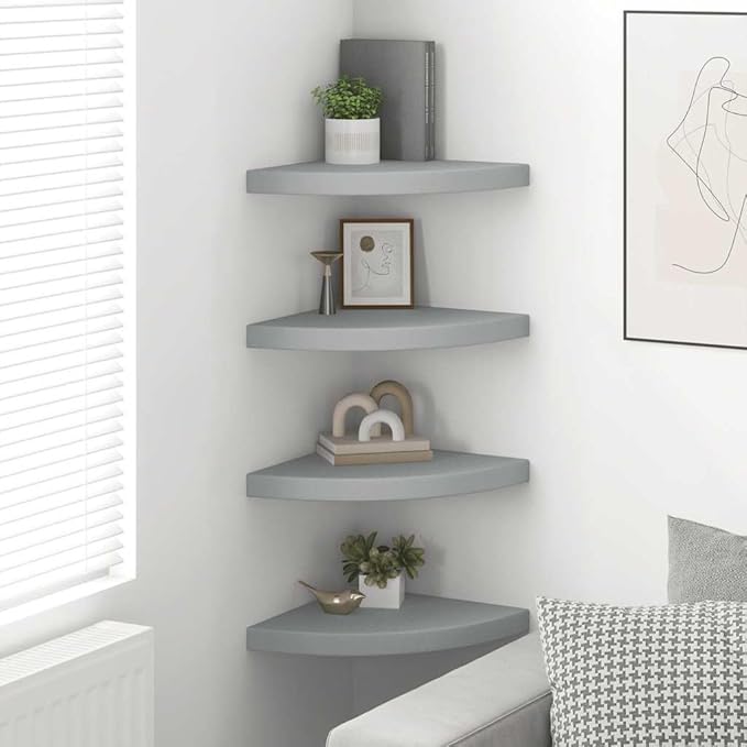 Corner Shelf Set of 4, Wall Mounted Floating Triangular Shelves for Living Room, Small Modern Matte Grey MDF Storage Shelving for Books and Decor
