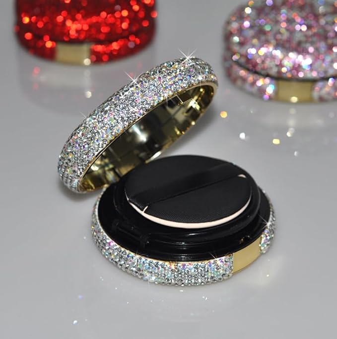 Bling Diamond Makeup Powder Empty Container, Cushion Foundation Case with Round Mirror, Air Cushion Puff Case, Foundation BB Cream Box -Red