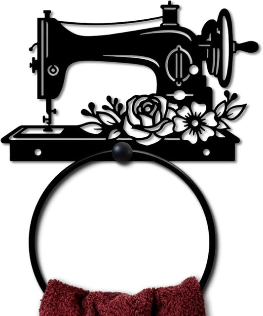 MAYJOYDIY Vintage Sewing Machine Metal Towel Ring Round Flower Hand Towel Holder Ring Hanger Wall Mount Black Vintage Towels Wall Organizer for Kitchen Bath Home Laundry Room Decors Gifts