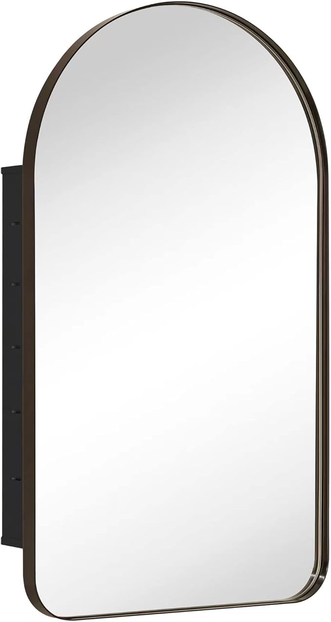 Oil Rubbed Bronze Arched Recessed Bathroom Medicine Cabinet with Mirror Stainless Steel Metal Framed Rectangular Bathroom Cabinet with Mirror 16x28.3''