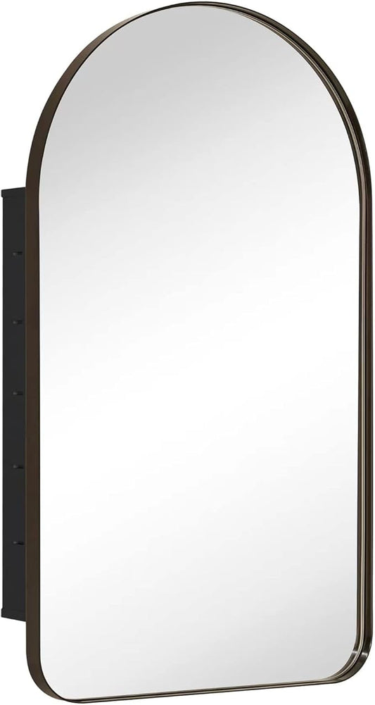 Oil Rubbed Bronze Arched Recessed Bathroom Medicine Cabinet with Mirror Stainless Steel Metal Framed Rectangular Bathroom Cabinet with Mirror 16x28.3''