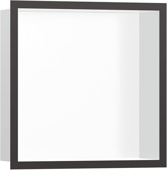 hansgrohe XtraStoris Individual Recessed Wall Niche Matte White with Design Frame 12"x 12"x 4" in Brushed Black Chrome, 56099340