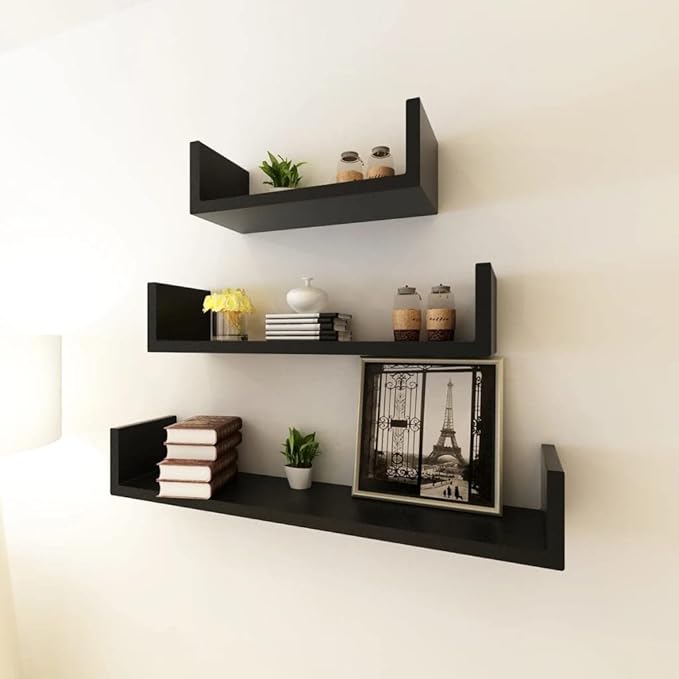 Floating Wall Shelves Set of 3, Modern U-Shape Display Ledges for Living Room, Bedroom & Office, Durable Matte Black MDF Wall-Mounted Storage Shelves
