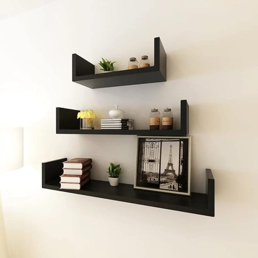 Floating Wall Shelves Set of 3, Modern U-Shape Display Ledges for Living Room, Bedroom & Office, Durable Matte Black MDF Wall-Mounted Storage Shelves