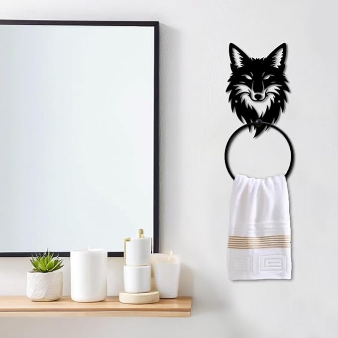 MAYJOYDIY Fox Head Metal Towel Ring Round Animal Hand Towel Holder Ring Hanger Wall Mount Black Vintage Towels Wall Organizer for Kitchen Bath Home Laundry Room Decors Gifts