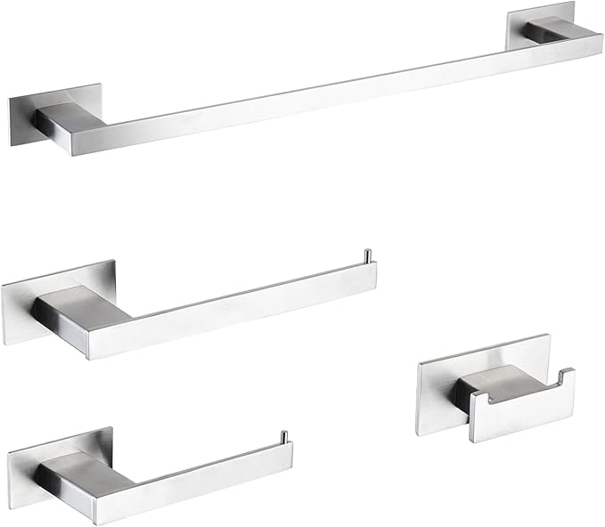 4-Pieces Bathroom Hardware Accessories Set, Towel Rack Towel Bar Toilet Paper Holder Towel Hook Self Adhesive Stainless Steel Towel Rack Set for Bathroom Wall Mounted, Brushed Nickel, 23 Inch