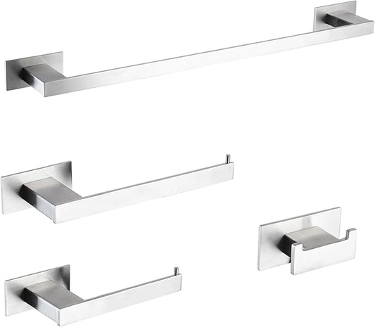 4-Pieces Bathroom Hardware Accessories Set, Towel Rack Towel Bar Toilet Paper Holder Towel Hook Self Adhesive Stainless Steel Towel Rack Set for Bathroom Wall Mounted, Brushed Nickel, 16 Inch