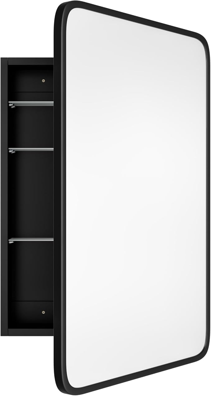 AGDULL Vintage-Style Bathroom Wood Black Cabinet with 17.5''x29'' Black Metal Frame Curved Mirror, Recessed Medicine Cabinet, Bathroom Storage Cabinet