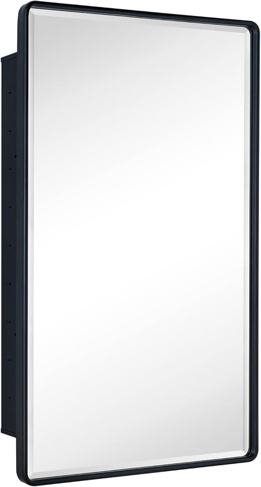 TEHOME Farmhouse Matt Black Recessed Bathroom Medicine Cabinet with Mirror Rounded Rectangle Metal Framed Medicine Cabinet with Beveled Mirror 24x36''