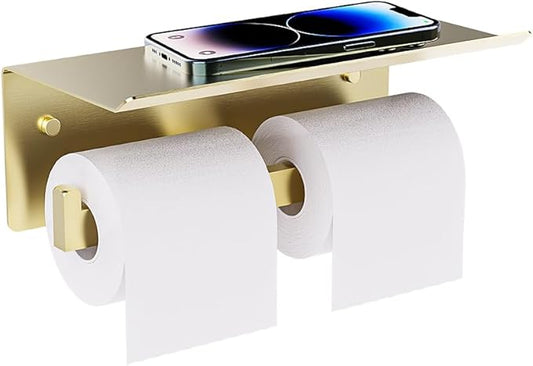 Double Toilet Paper Holder with Shelf, FreshGlow Tissue Holder Brushed Gold, Wall Mount Commercial Toilet Paper Dispenser Phone Shelf Stainless Steel, Tissue Roll for Bathroom