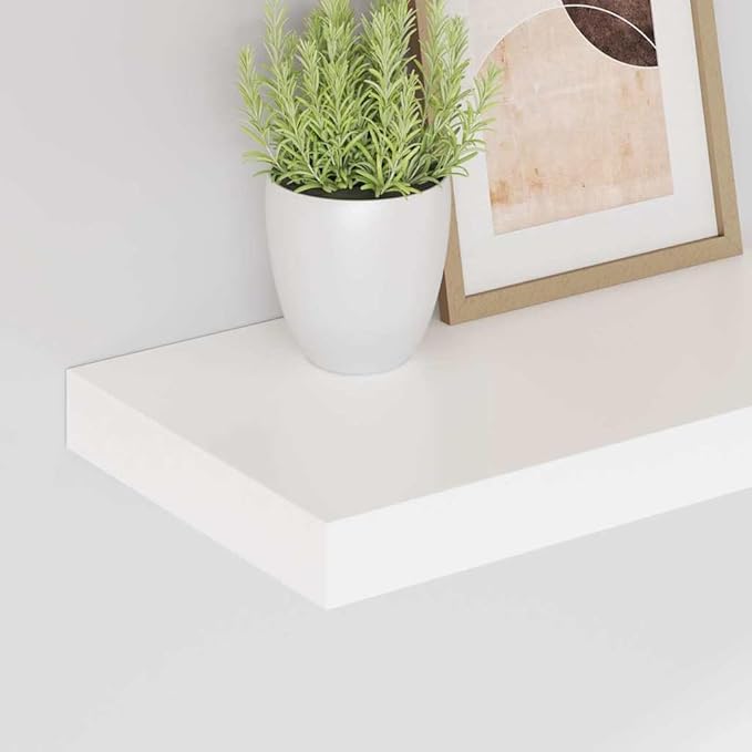 Set of 2 Floating Wall Shelves, Modern High Gloss White MDF Display Ledges, Decorative Shelving for Living Room, Bedroom, and Home Office Organization