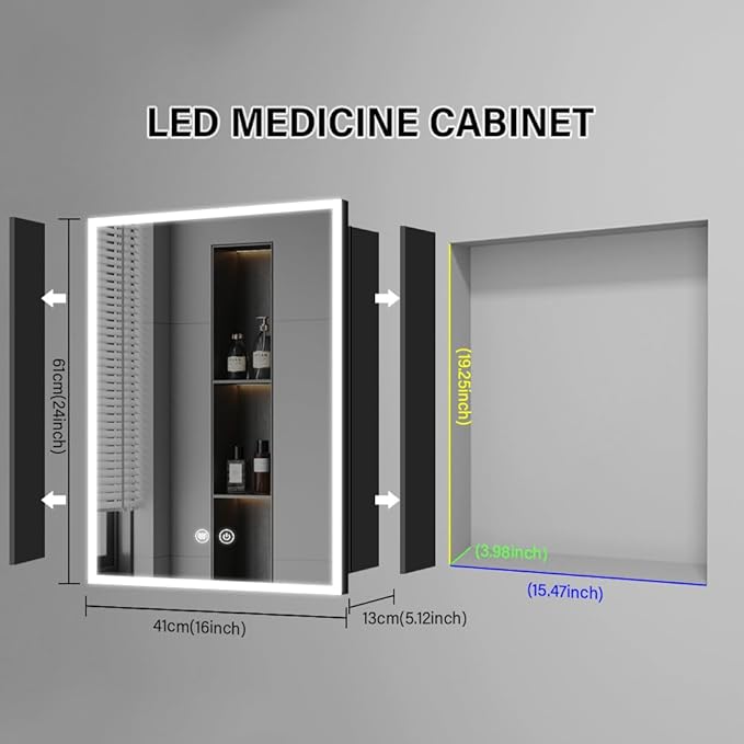 LED Medicine Cabinet,16x24inch,Recess Mirror Cabinet for Bathroom,3 Color,Dimmable,Demister, Detachable Side Panel for Recess Mount or Surface Mount,USB Shaver Socket, Internal Lighting