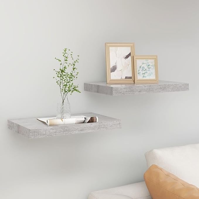 Floating Wall Shelves 2 Pack Concrete Gray Modern Display Rack with Invisible Mounting System for Home Decor, Books, Collectibles 15.7x9.1 Inches