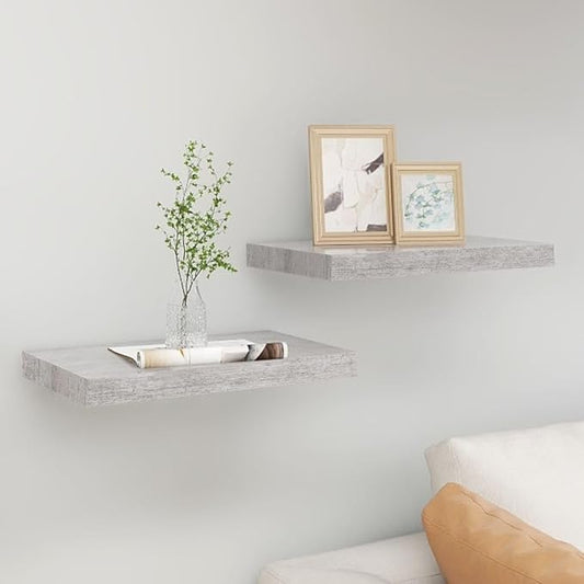 Floating Wall Shelves 2 Pack Concrete Gray Modern Display Rack with Invisible Mounting System for Home Decor, Books, Collectibles 15.7x9.1 Inches