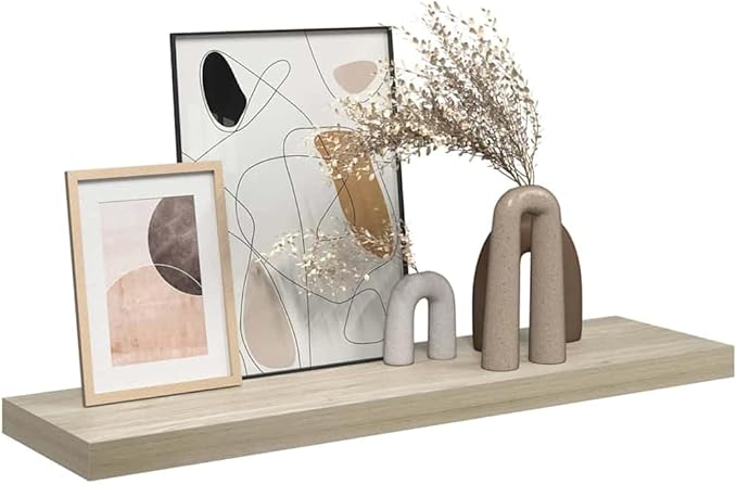 Floating Wall Shelf 35.4 Inch Long Oak Finish Rectangular Display Ledge Modern Wood Storage Organizer for Living Room Bedroom Office