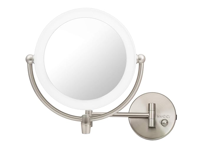UCCI LED Wall Mount Makeup Mirror with Light – 1X/10X Magnification Double-Sided Vanity Mirror, Dimmable Lighting, 360° Swivel, Extendable Arm Bathroom Mirror, Satin Nickel, AC Powered 8.6”