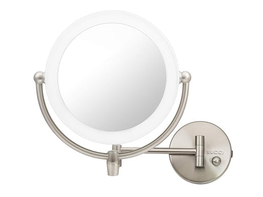 UCCI LED Wall Mount Makeup Mirror with Light – 1X/10X Magnification Double-Sided Vanity Mirror, Dimmable Lighting, 360° Swivel, Extendable Arm Bathroom Mirror, Satin Nickel, AC Powered 8.6”