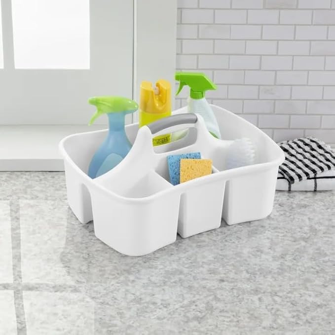Large Plastic Utility Caddy with 4 Compartments – Heavy-Duty Storage Organizer for Cleaning Supplies, Sponges & Spray Bottles – Easy-Carry Handle (White)