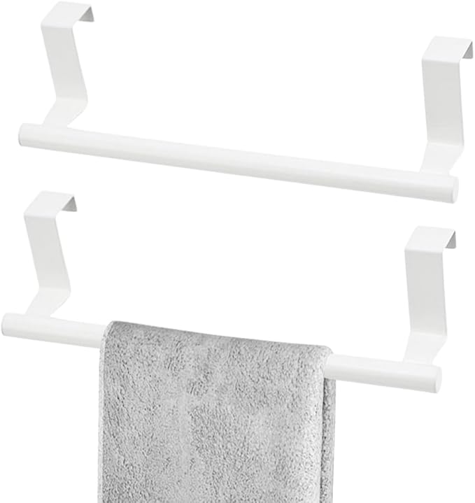 Cabinet Door Towel Bar, Dish Towel Rack for Cabinet, Stainless Steel Kitchen Towel Holder, Over The Door Hand Towel Hanger for Kitchen Bathroom Cupboard, 2 Pack (2*Small White)